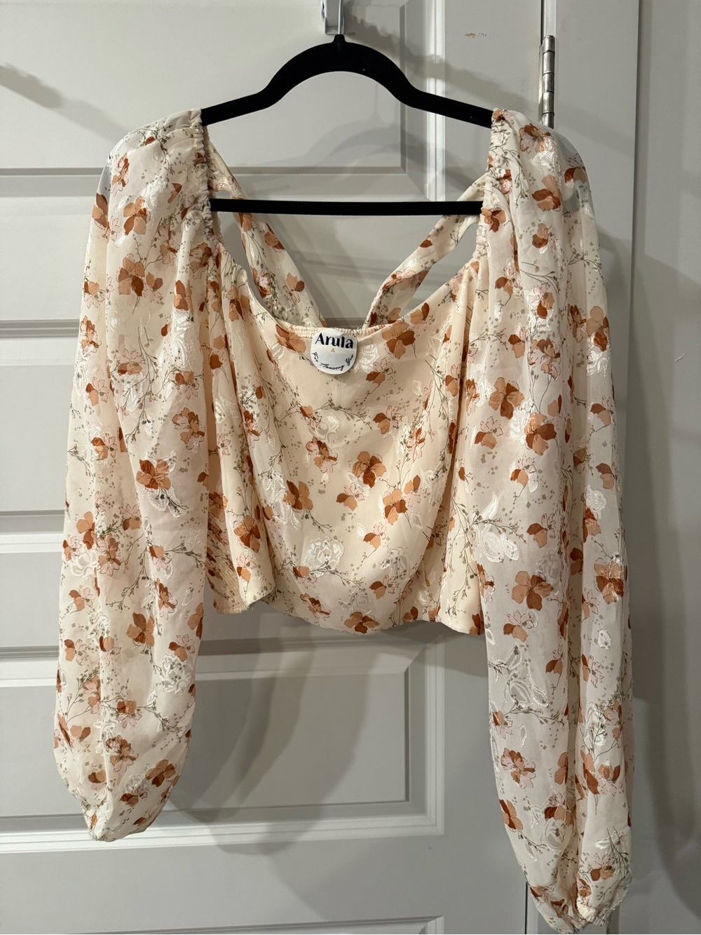 ARULA Cream Floral Puff-Sleeve Crop Top with Brown Print